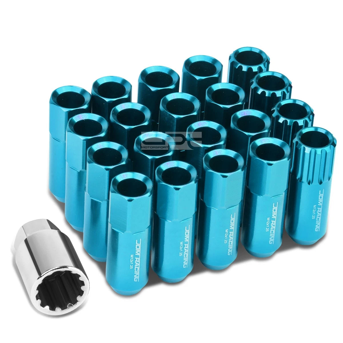Open-End Aluminum Sky Blue Lug Nuts Set of 4 + Adapter M12x1.25 for Vehicles