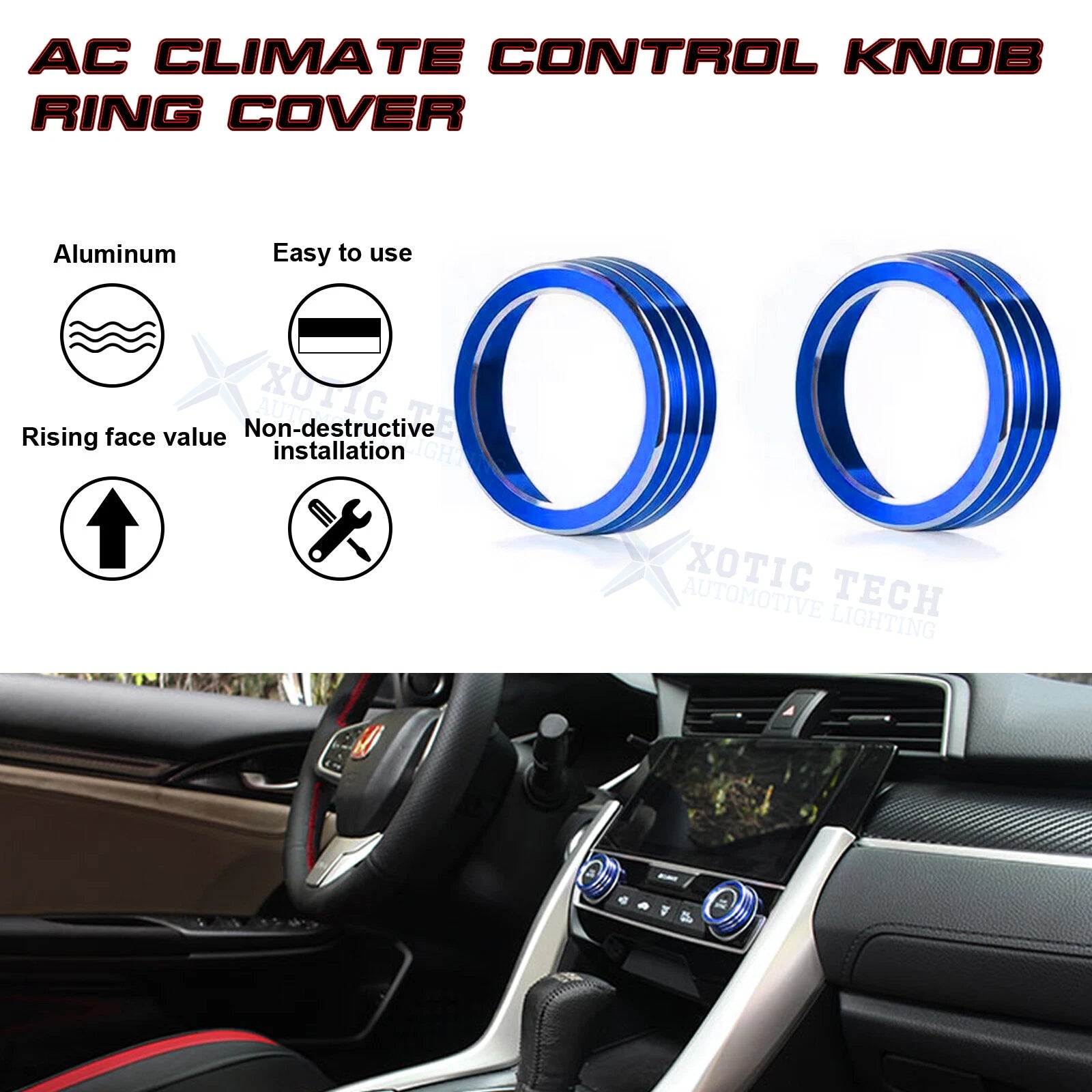 2PCS Blue AC Climate Control Knob Ring Cover for Honda Civic 2016-2021