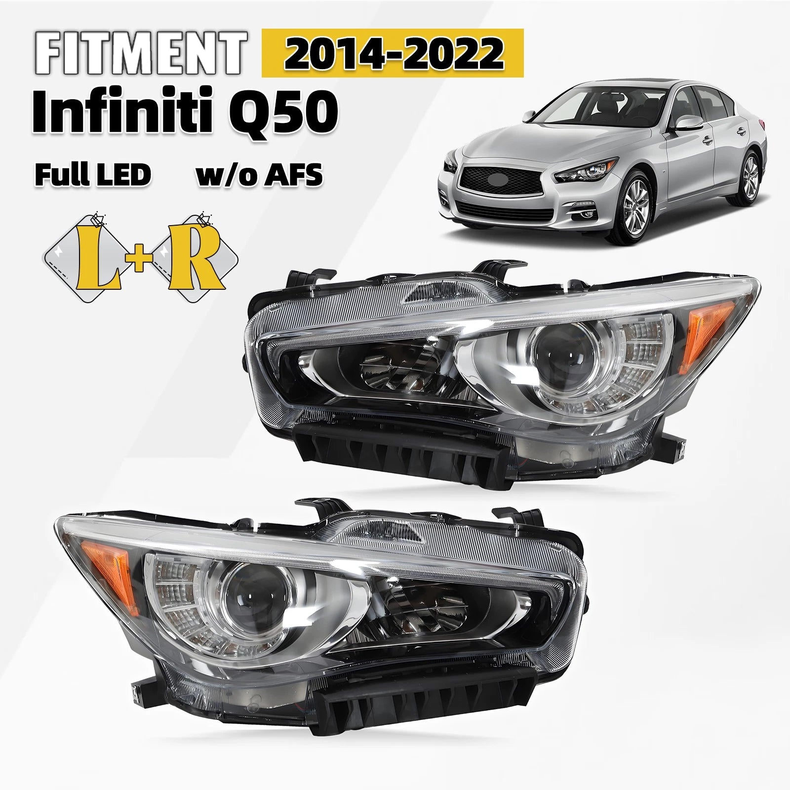 Left & Right Pair Full LED Headlight Assembly for Infiniti Q50 (2014–2022)
