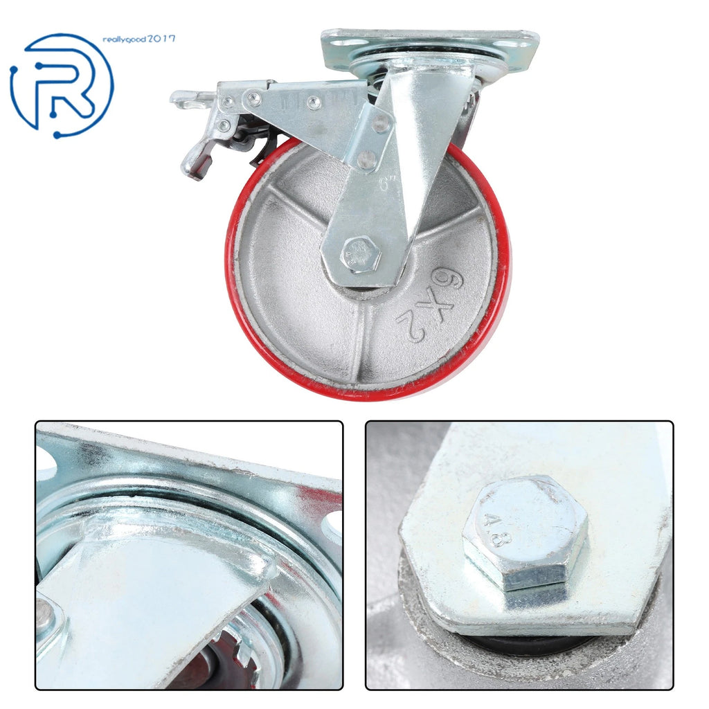Set of 4 Red PU 6-Inch Casters with 2 Brakes and 2 Without Brakes