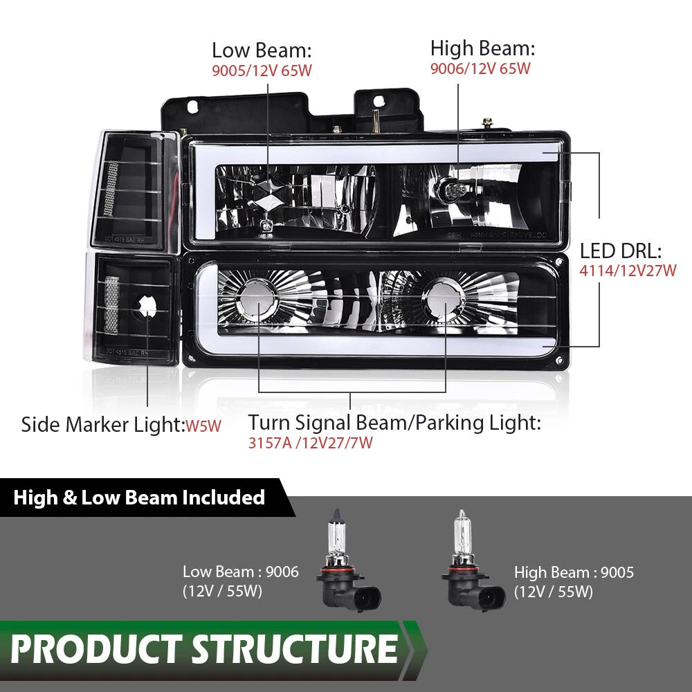 LED Tube Headlights for Chevy GMC C/K Suburban Blazer (1994–2000)