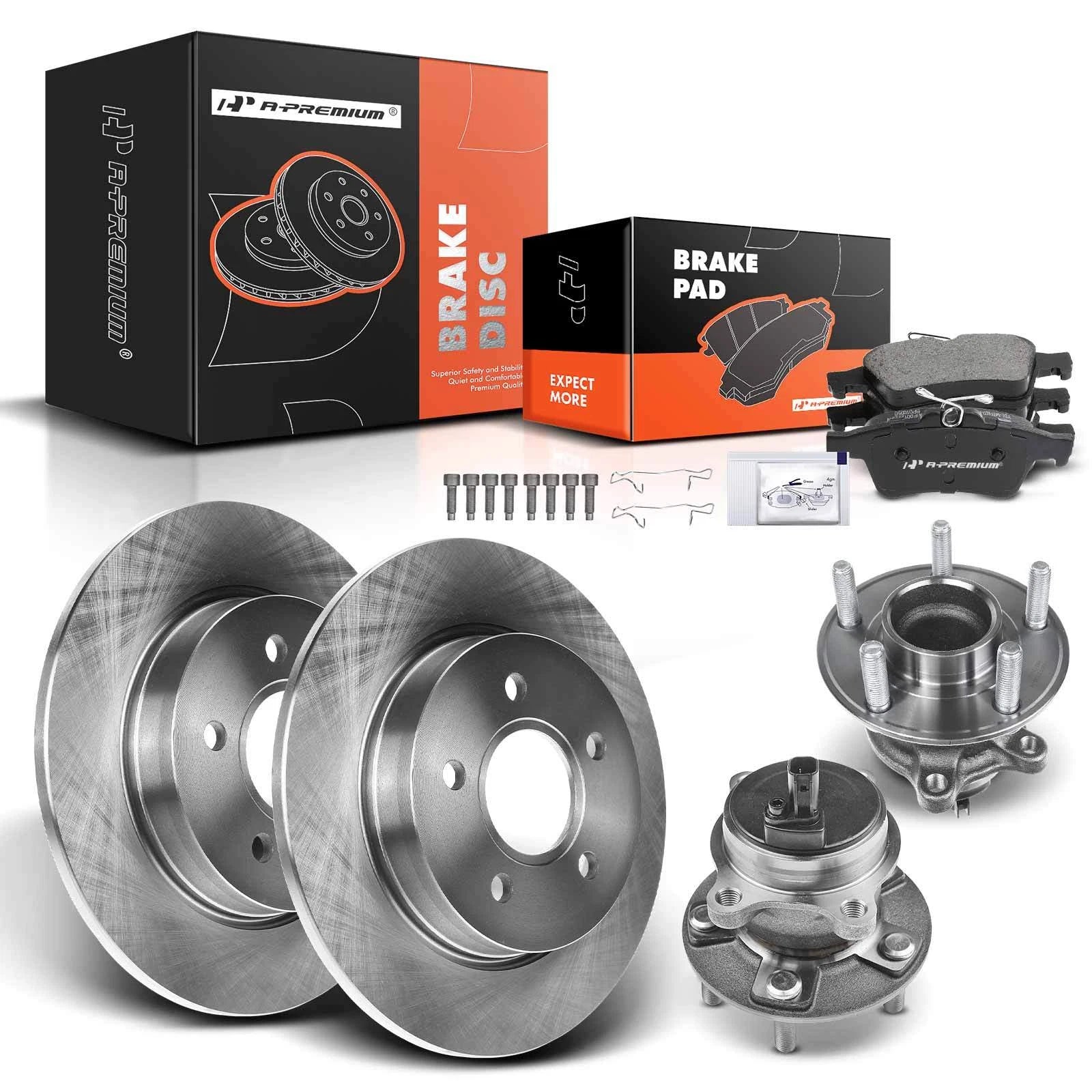 Set of 2 Rear Disc Brake Rotors & Pads with Wheel Hub for Ford Focus (2012–2018)