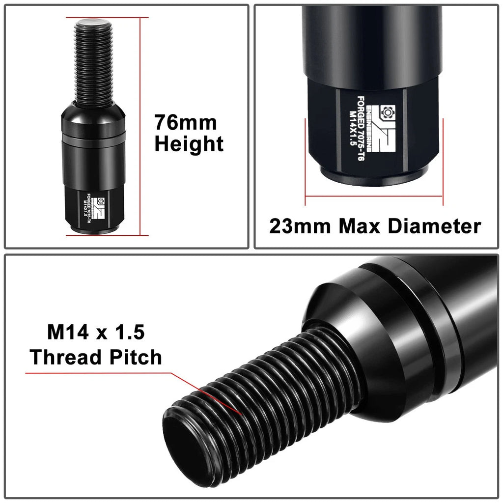 Set of 20 J2 Aluminum Black Closed End Lug Nuts M14x1.5 (23mm OD, 76mm H)