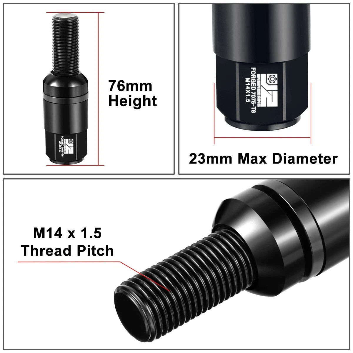 Set of 20 J2 Aluminum Black Closed End Lug Nuts M14x1.5 (23mm OD, 76mm H)