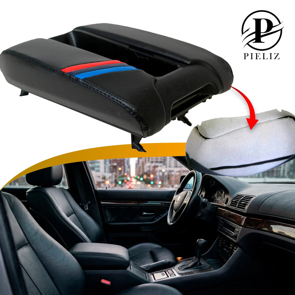 Leather Center Console Armrest Cover for BMW E39 (1997–2003) Black M Stripes