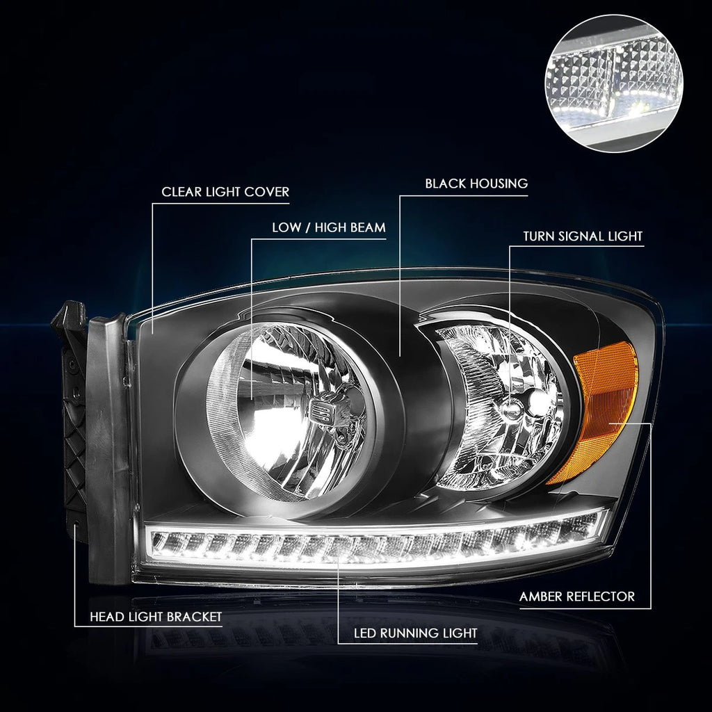 LED DRL Strip Headlight for Dodge Ram Truck (2006–2009) Black Housing Amber Side