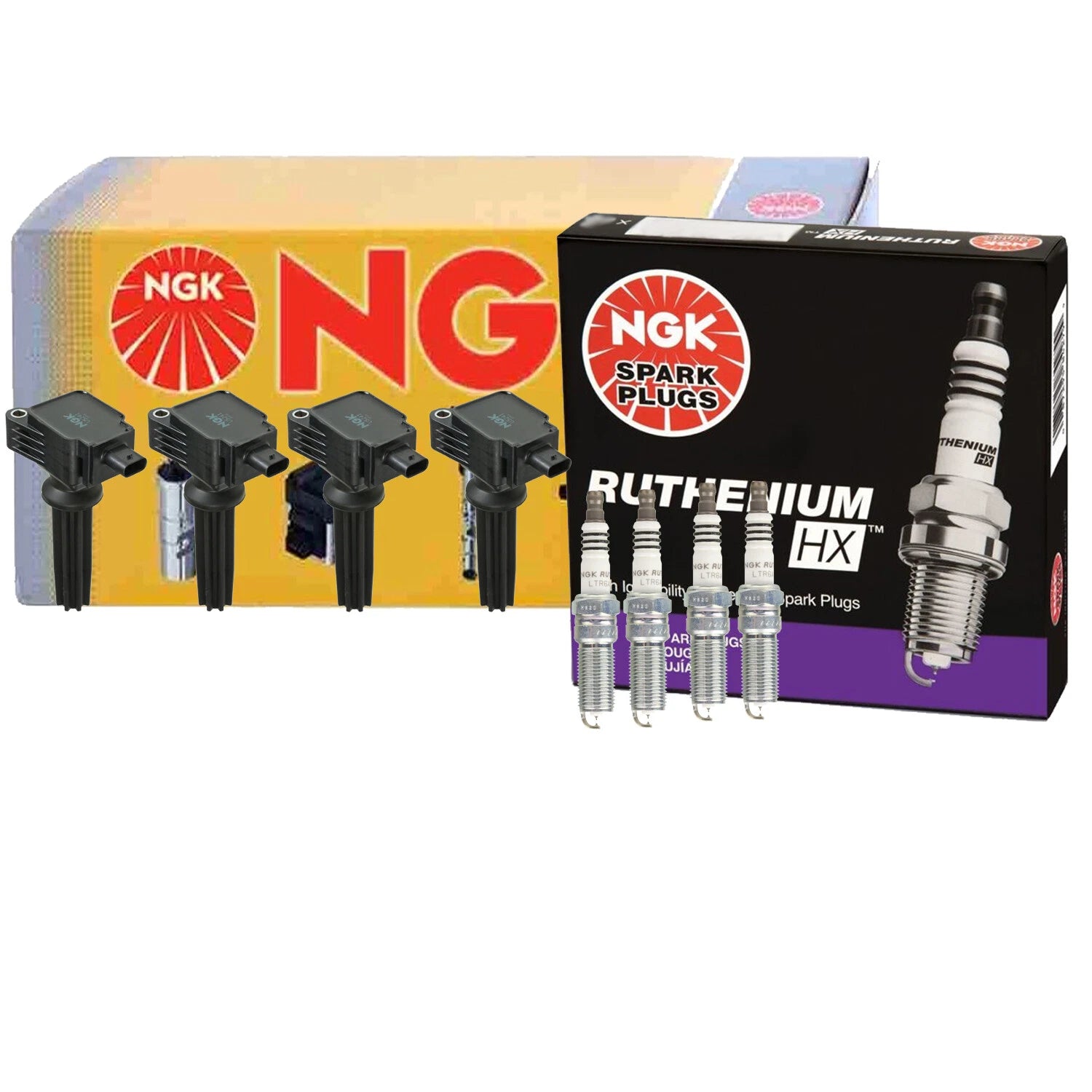Set of 4 NGK COP Ignition Coils & 4 Ruthenium HX Spark Plugs for Ford Focus