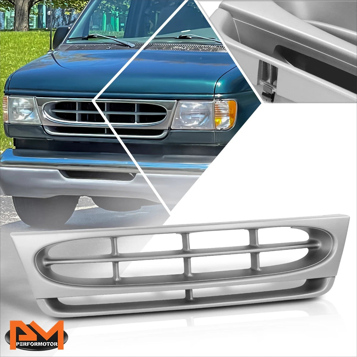 Hood Grille Horizontal Slats for Ford E150-E350 Econoline (1997–2002) Gray