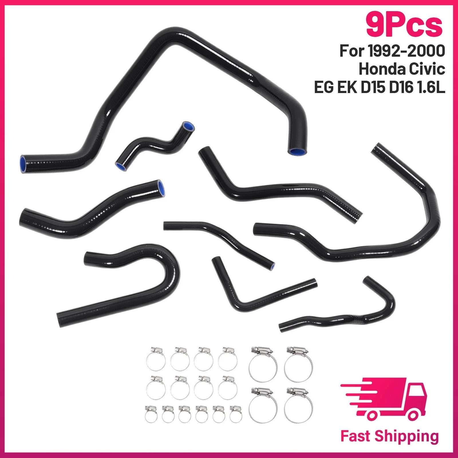 9Pcs Silicone Radiator Coolant Hose Kit for Honda Civic D15 D16 (1992–2000)