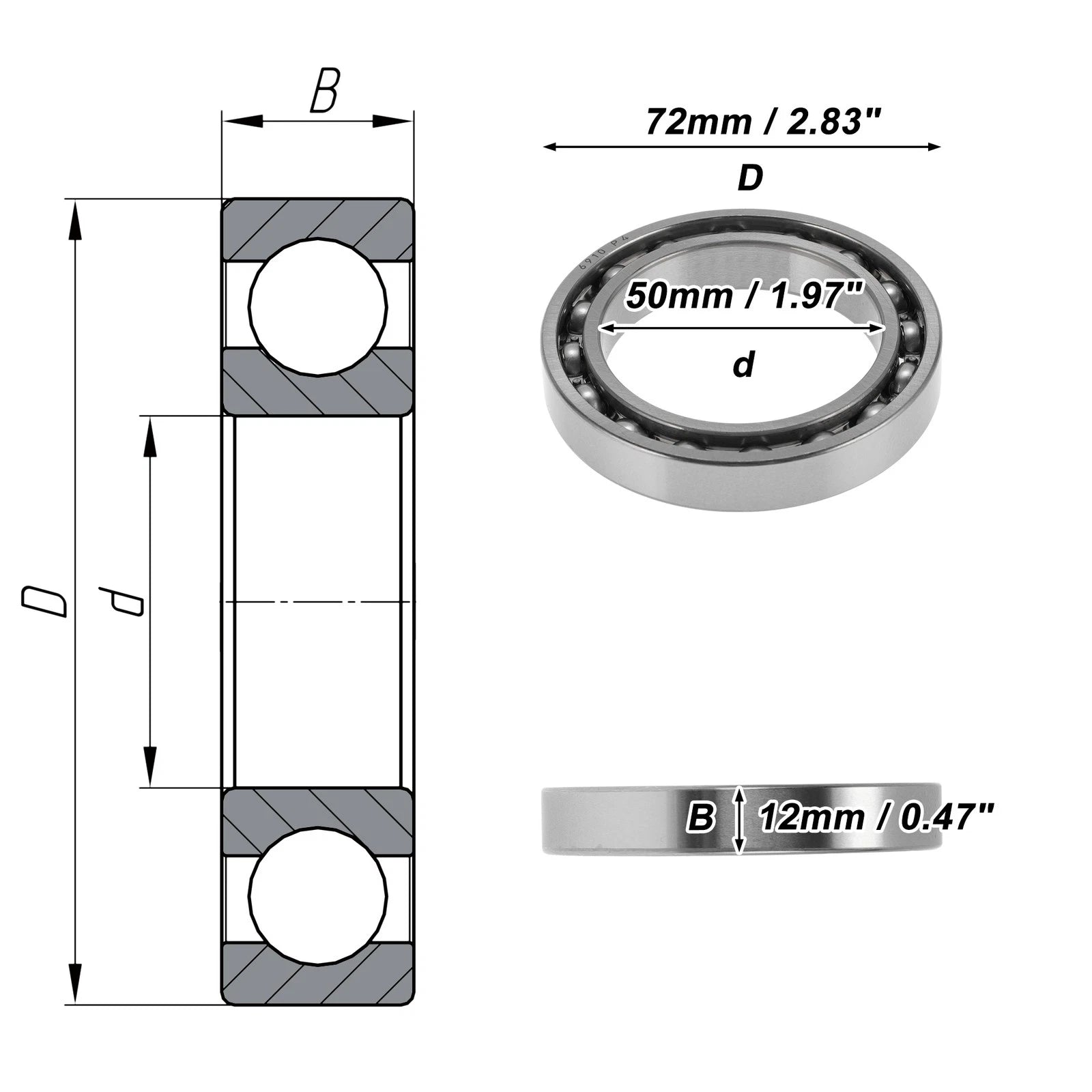 Deep Groove Ball Bearing 50x72x12mm for Various Models (6910)