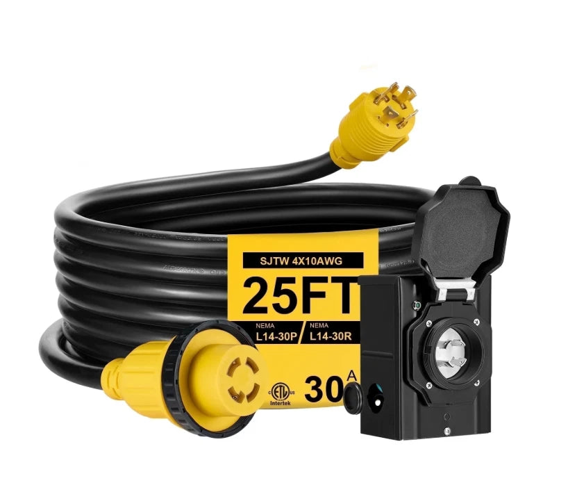 25FT 30 Amp RV Extension Cord with Inlet Box L14-30P L14-30R for RVs