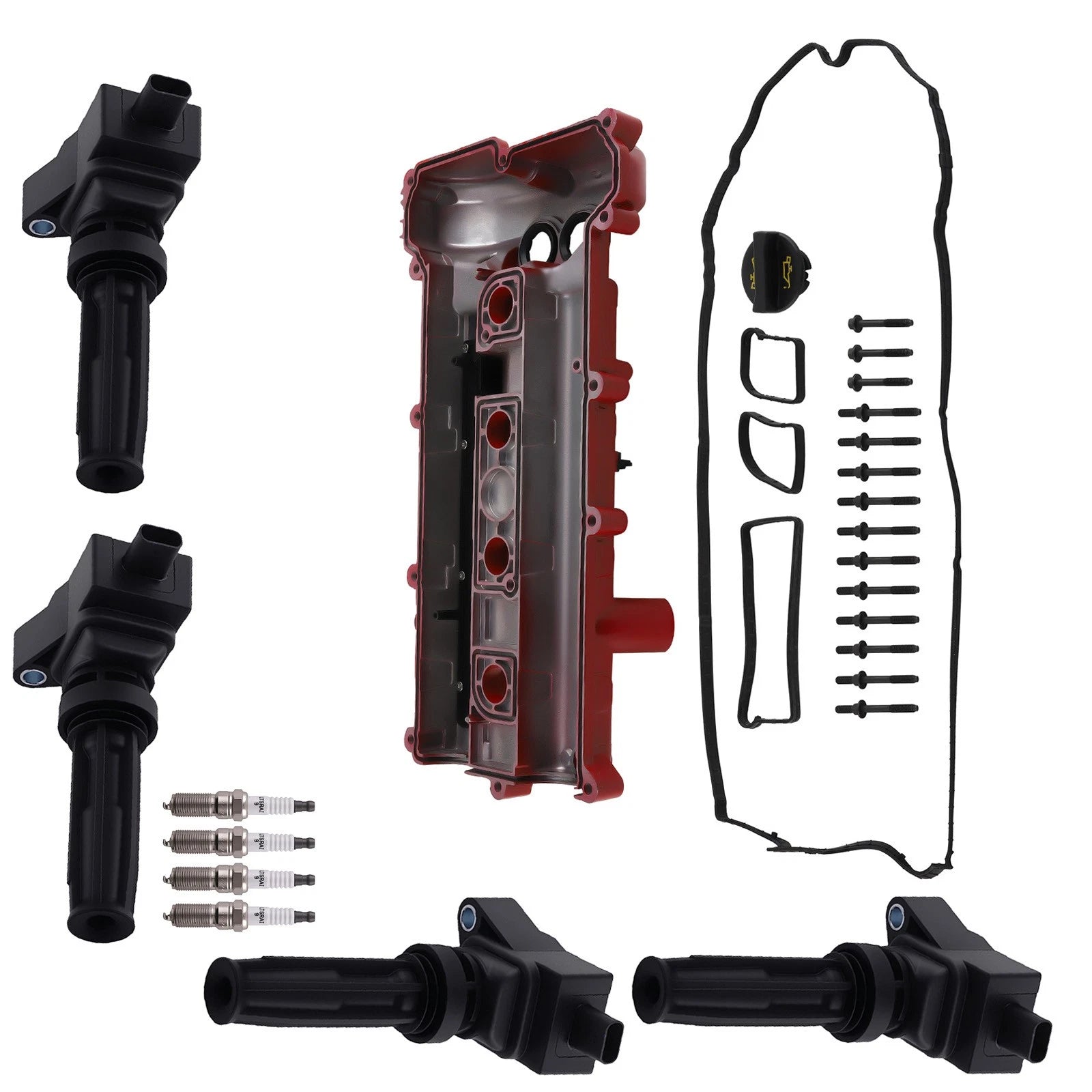 Red Valve Cover + 4 Coils for Ford Edge Taurus 2.0L (2012–2018)