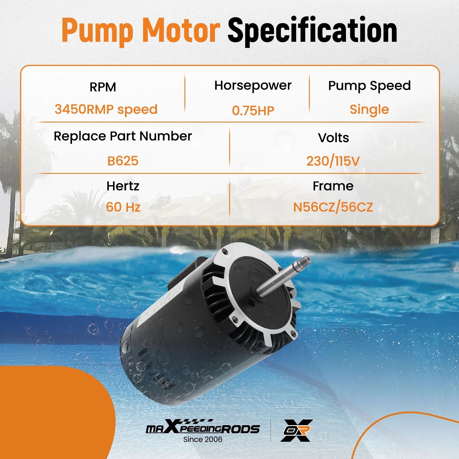 0.75HP Pool Motor for Polaris PB4-60 (Single Speed, 230V)