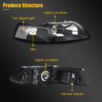 2X Headlights for Ford Mustang (1999–2004) Black Housing Clear Corner