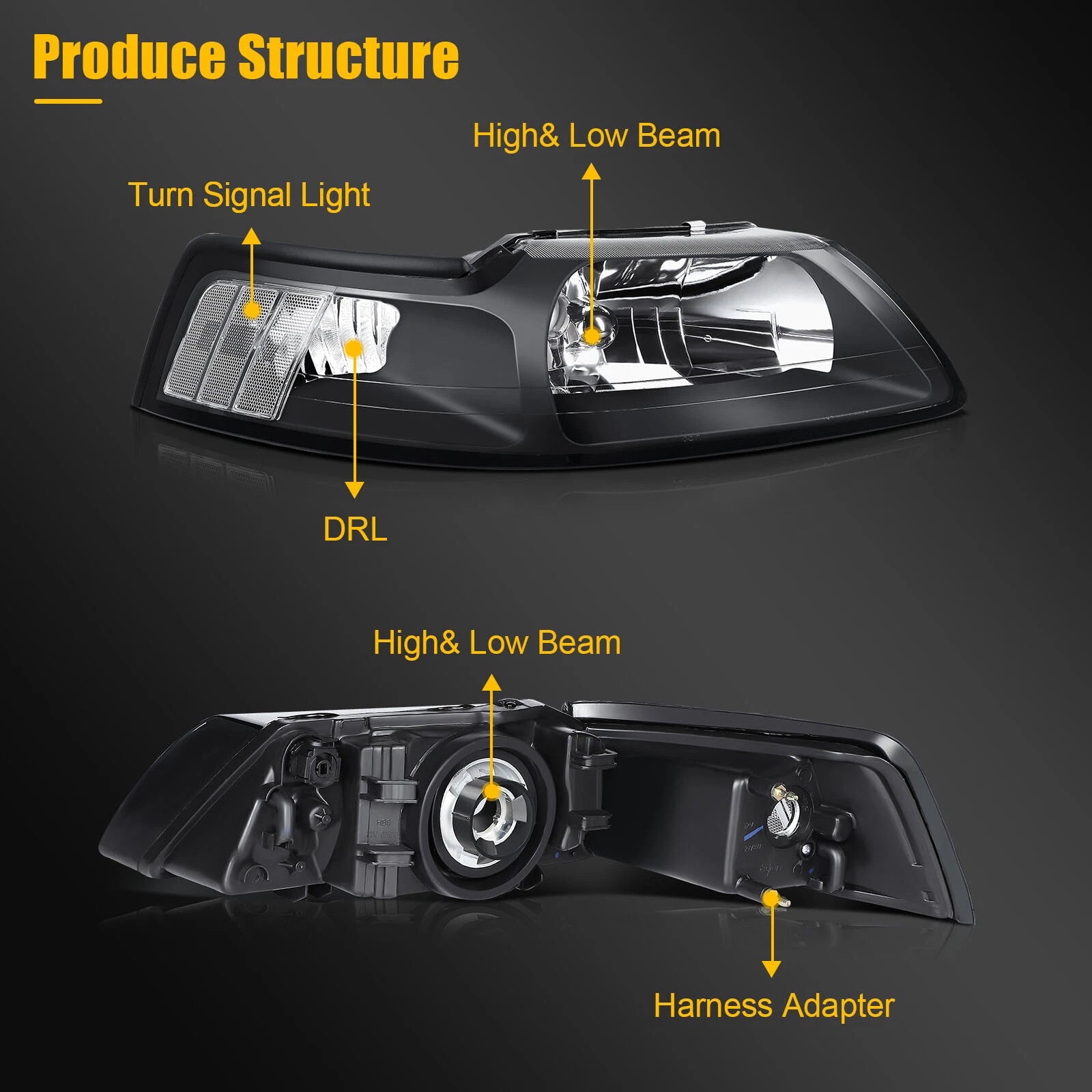 2X Headlights for Ford Mustang (1999–2004) Black Housing Clear Corner