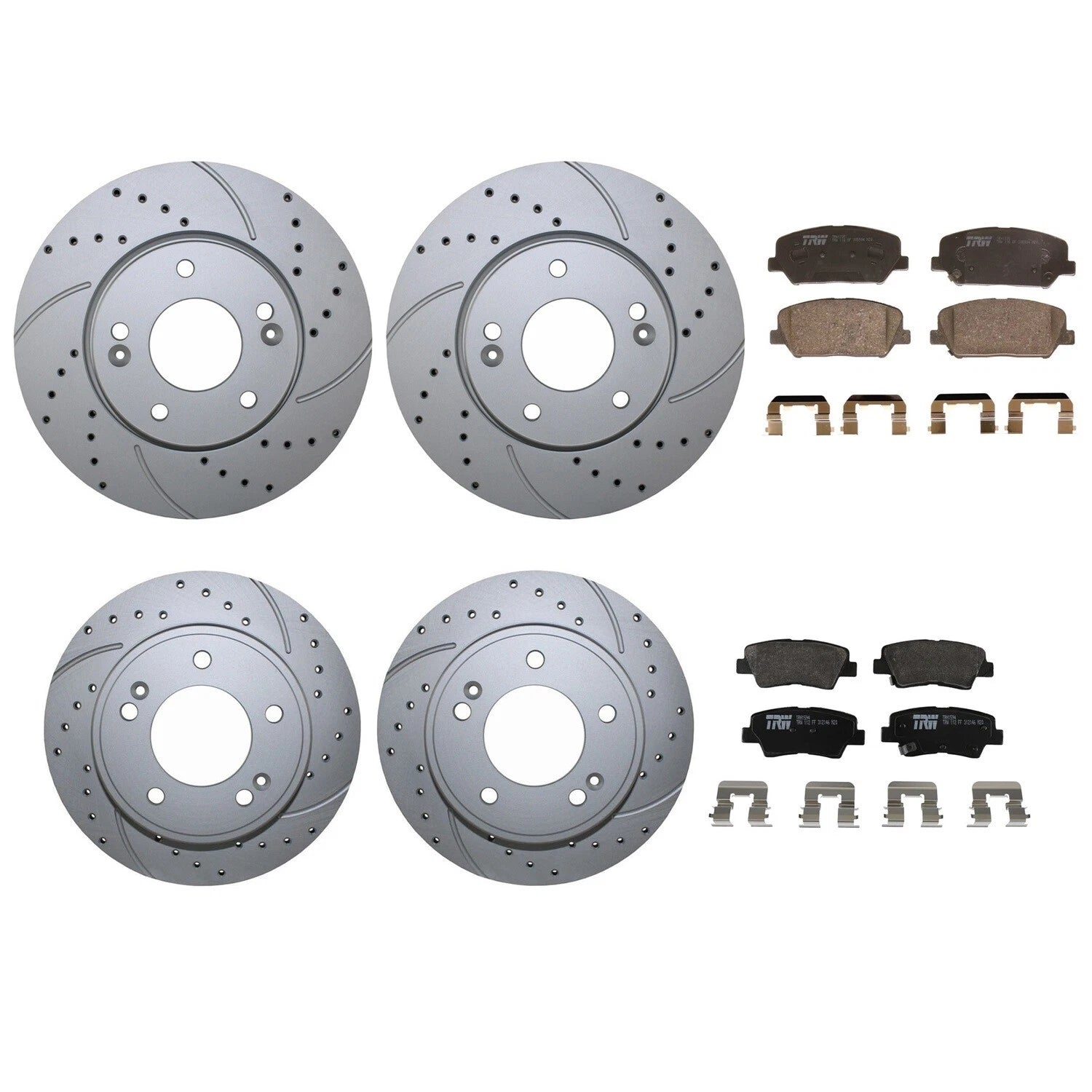 Front Rear Brake Kit Drilled Rotors TRW Pro Low-Met Pads for Veloster Forte5 (2012–2019)