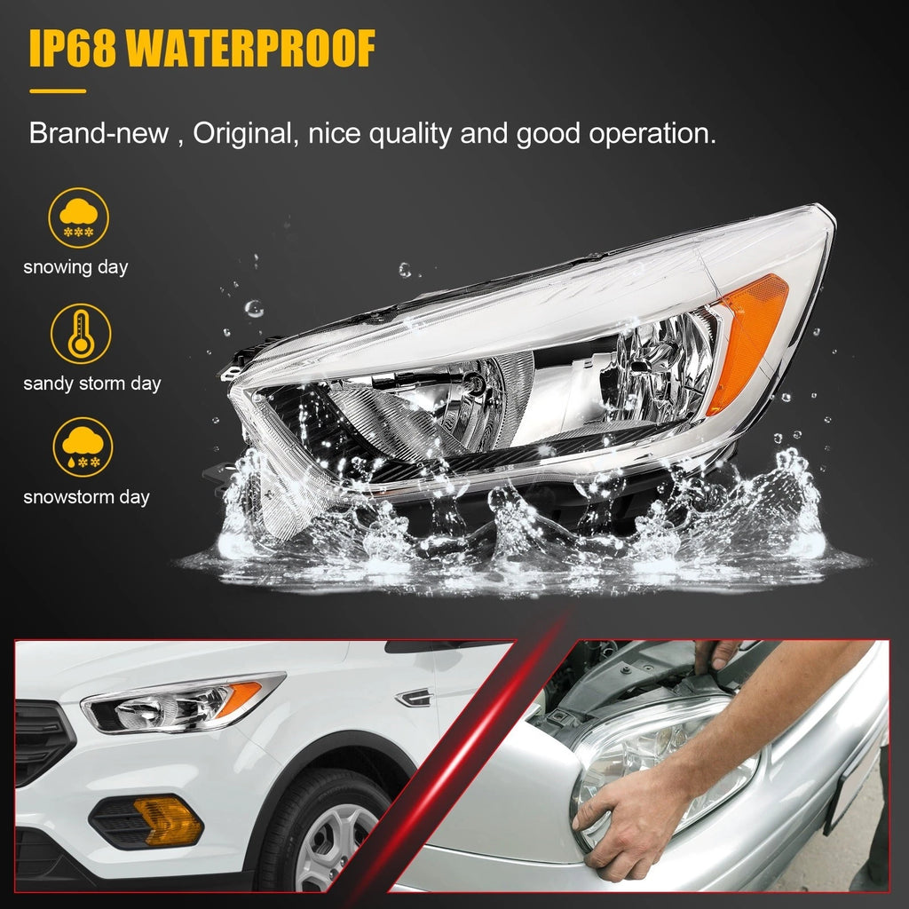 2Pcs Pair Front Headlights for Ford Escape (2017–2019) Chrome Amber