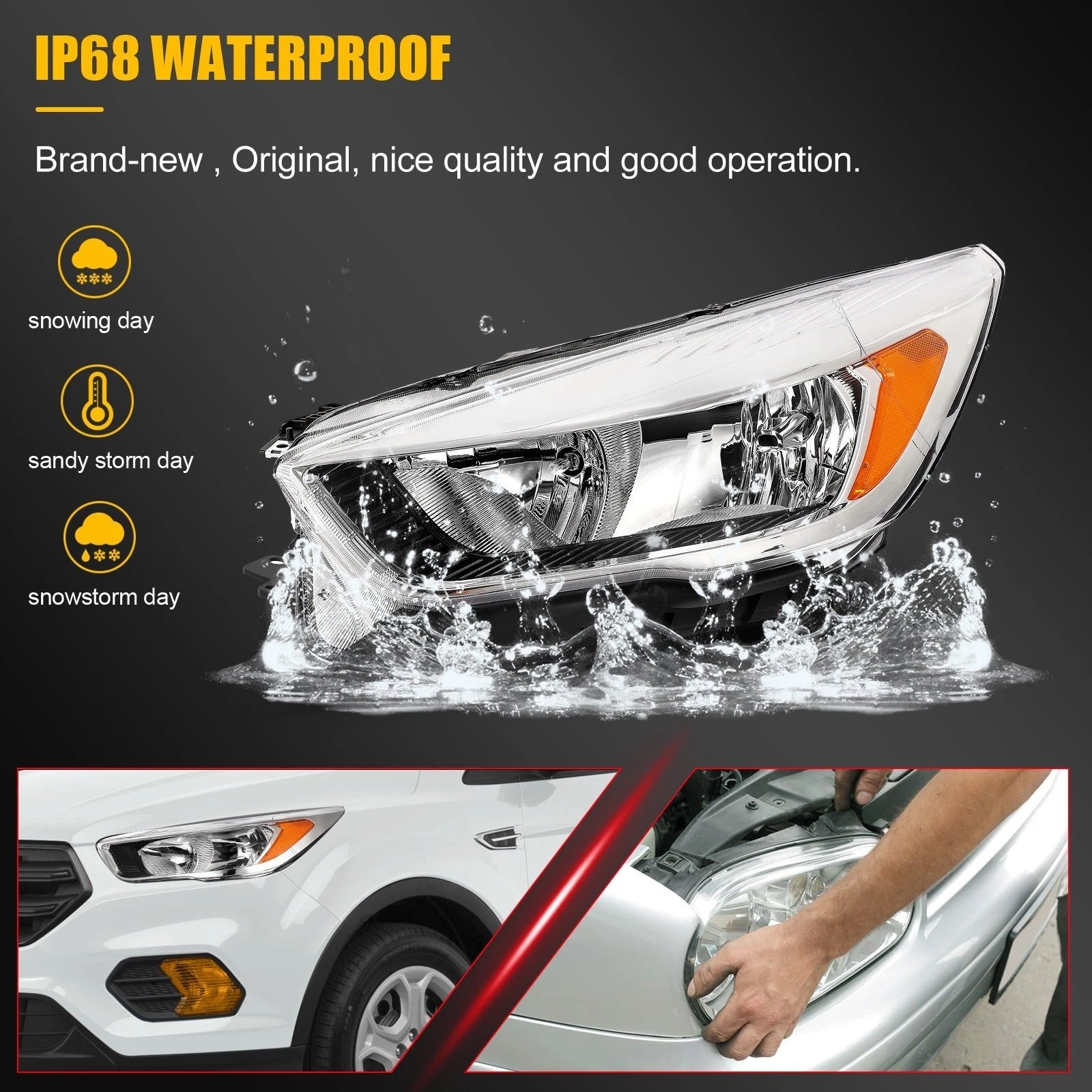 2Pcs Pair Front Headlights for Ford Escape (2017–2019) Chrome Amber