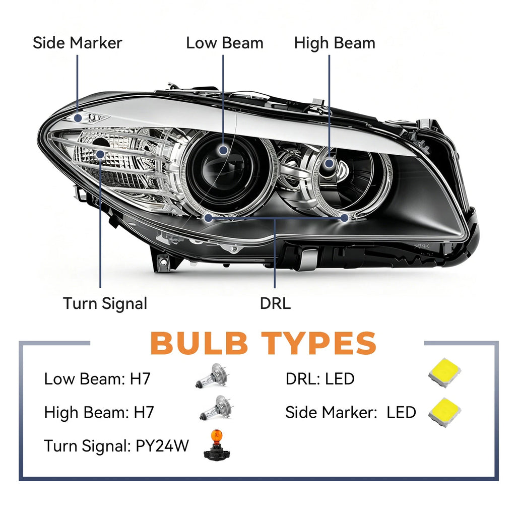 Halogen Headlight for BMW 5 Series F10 (2011–2013) Right Side, w/o AFS