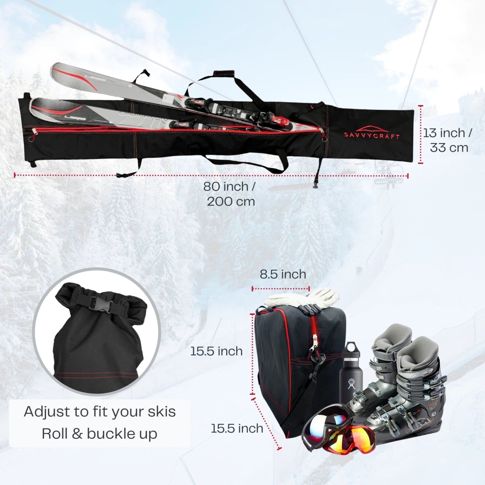 Padded Ski Bag and Boot Bag Set for Ski Equipment (Pro)