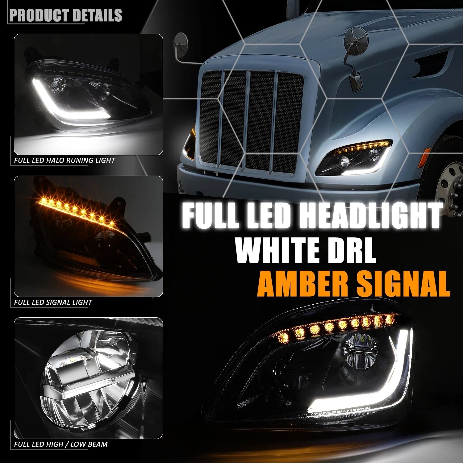 LED Sequential Turn Signal/DRL Headlight for Peterbilt 587/579 (2011–2021)