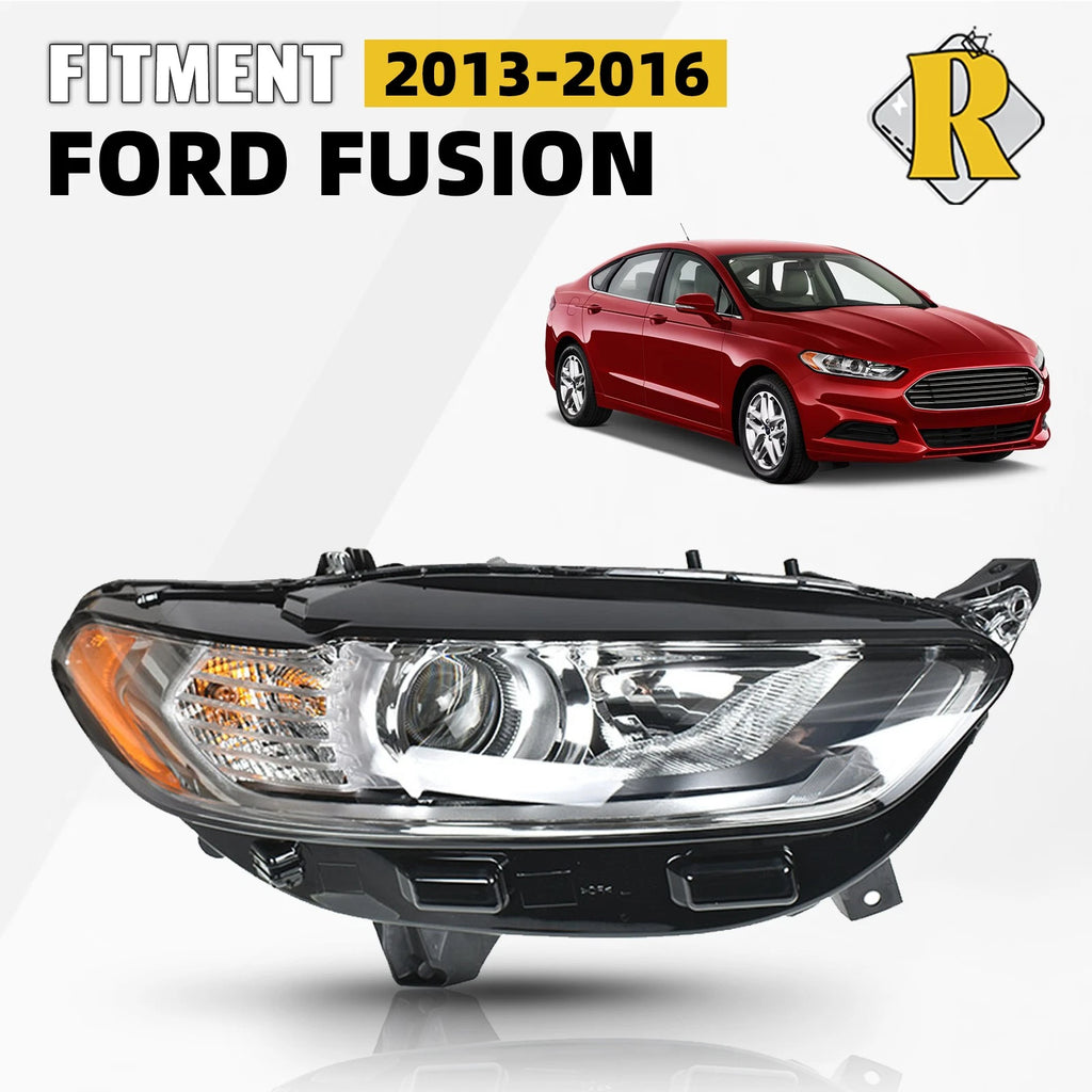 Right Passenger Side Halogen Headlight for Ford Fusion (2013–2016) Chrome w/ Bulbs