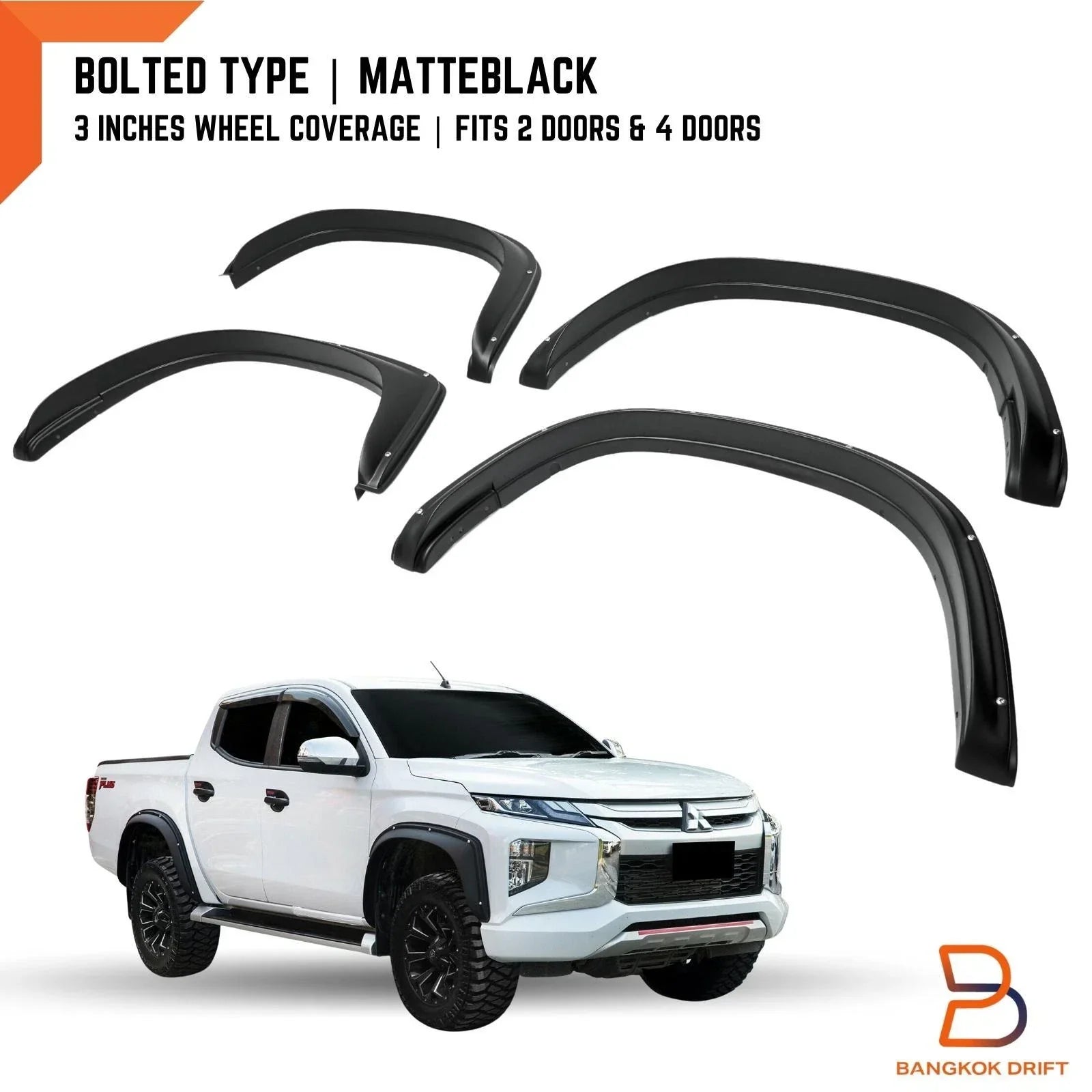 3" Matte Black Bolted Fender Flares for Mitsubishi Triton Ute (2019-2023)