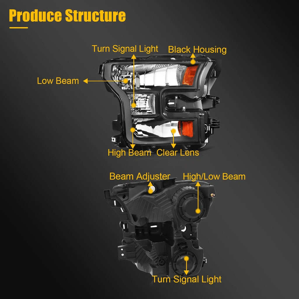 Headlight Assembly Pair for Ford F-150 (2015–2017) Black Housing