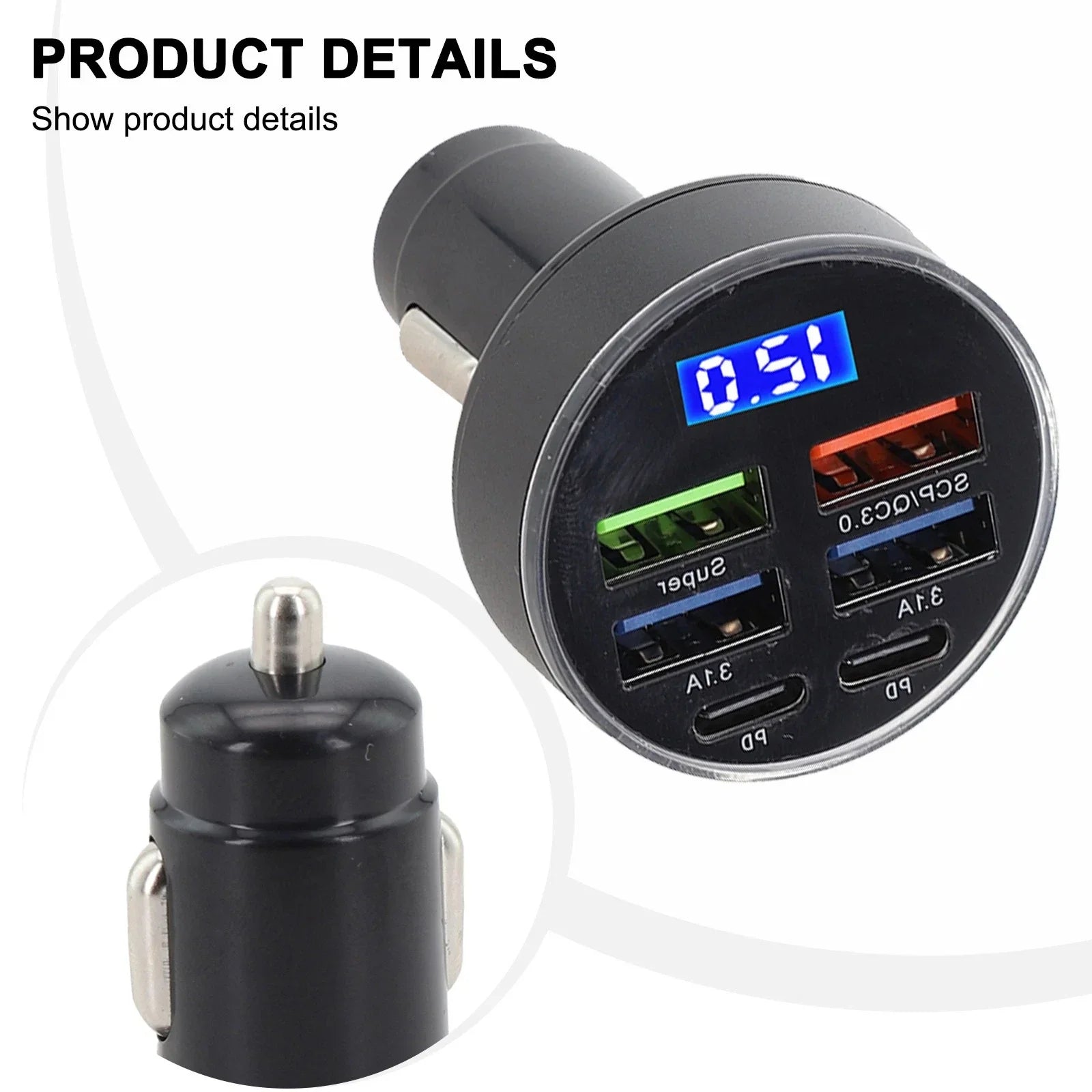 6-Port Car Charger with LED Display and USB Outputs for Vehicles