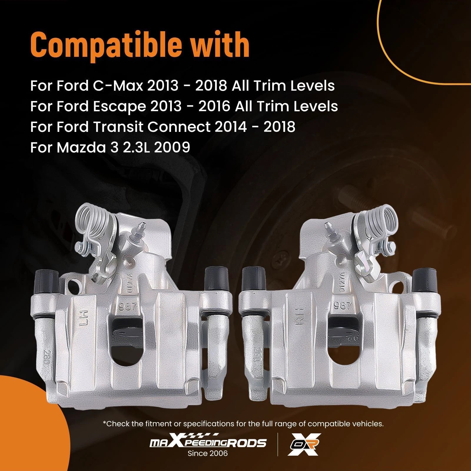 Set of 2 Rear Brake Calipers with Bracket for Mazda 3, Ford C-Max, Escape (2013–2019)