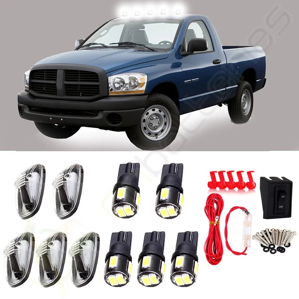 Set of 5 Clear Cab Marker Covers + White LED Light Bulbs for Dodge