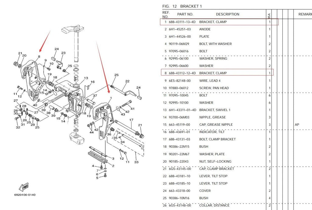 Bracket Kit 688-43111-13-4D & 688-43112-12-4D for Yamaha Outboard (60-90HP)