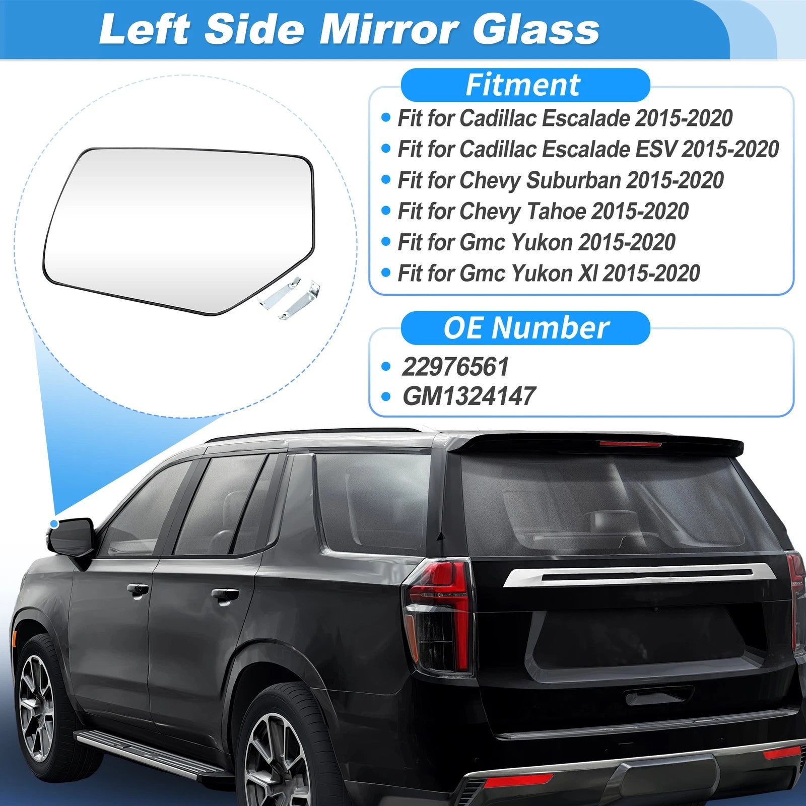 Left Side Heated Mirror Glass for Chevy Suburban Tahoe (2015–2020) 22976561
