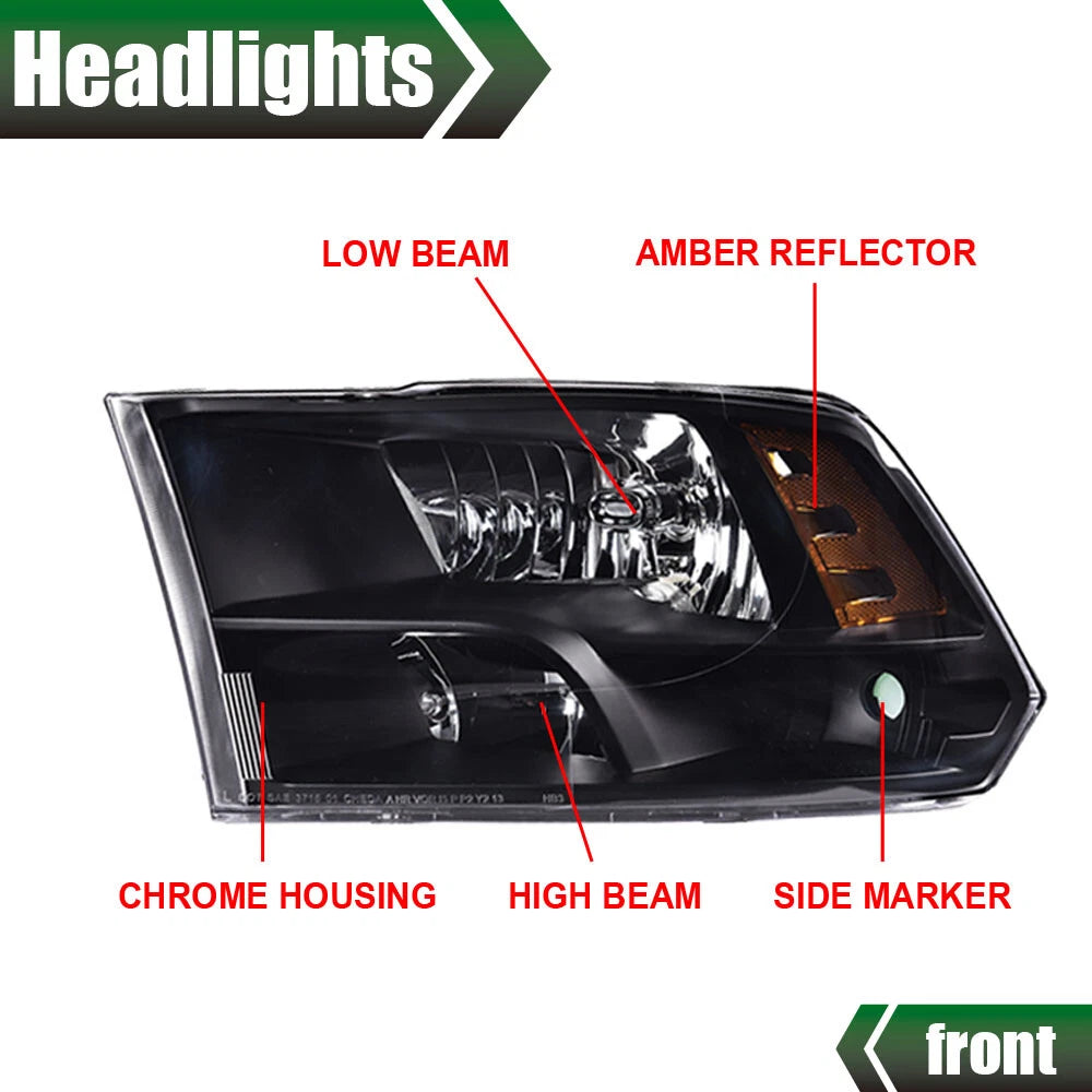 Black Housing Headlight Assembly for Dodge Ram 1500 2500 3500 (2009–2018)