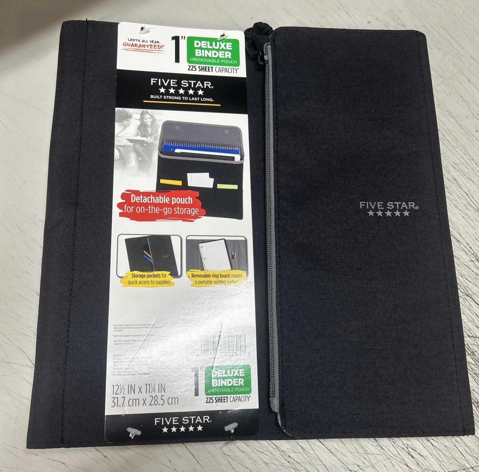 1" Zipper Binder for Universal Use (3 Ring, 8 Pockets, 225 Sheets, Black Gray)