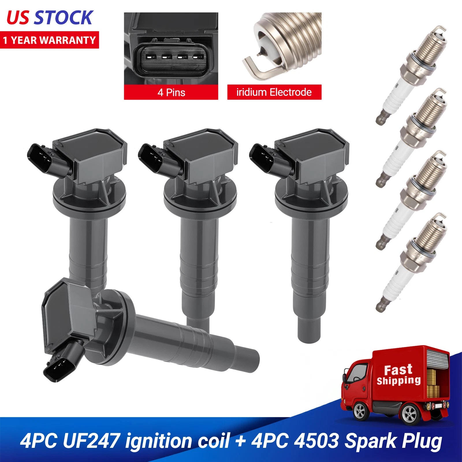 Ignition Coils and Spark Plugs for 2003–2008 Toyota Matrix 1.8L L4 (4Pcs)