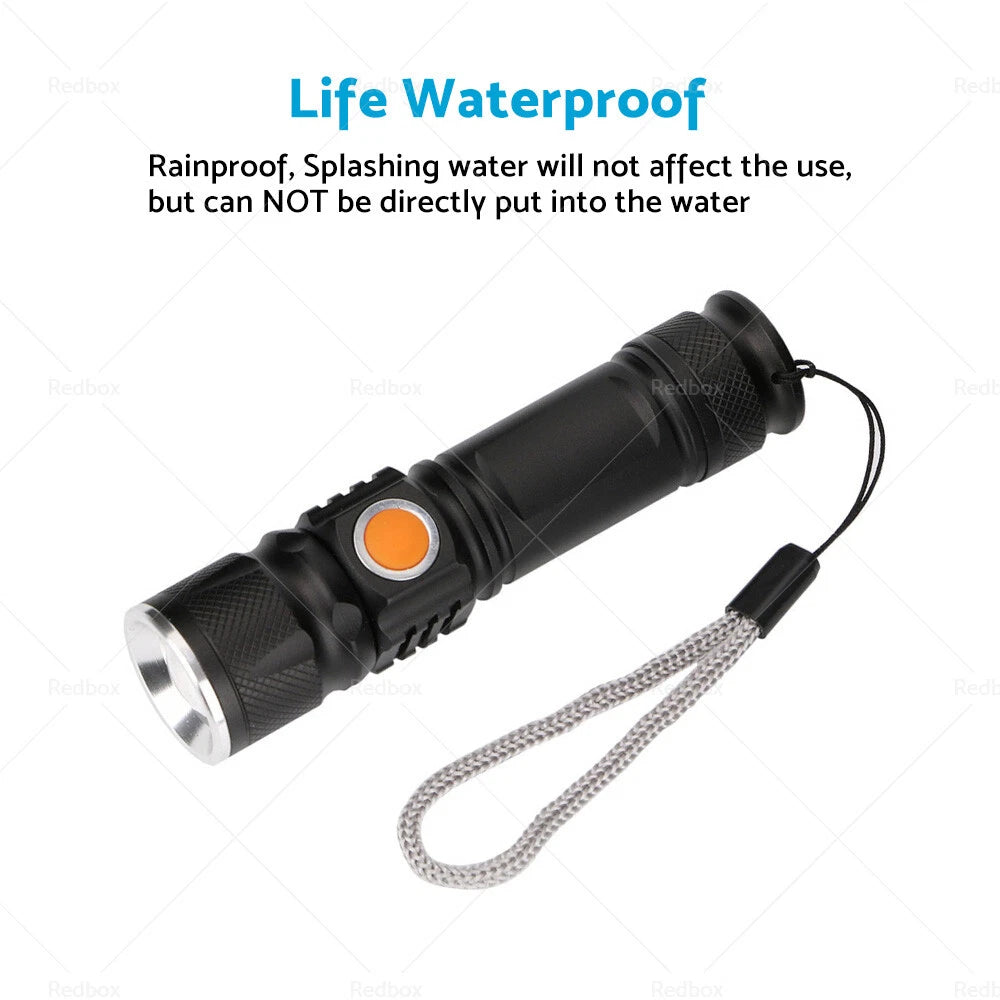 LED Flashlight Waterproof Torch - Black USB Rechargeable