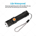 LED Flashlight Waterproof Torch - Black USB Rechargeable