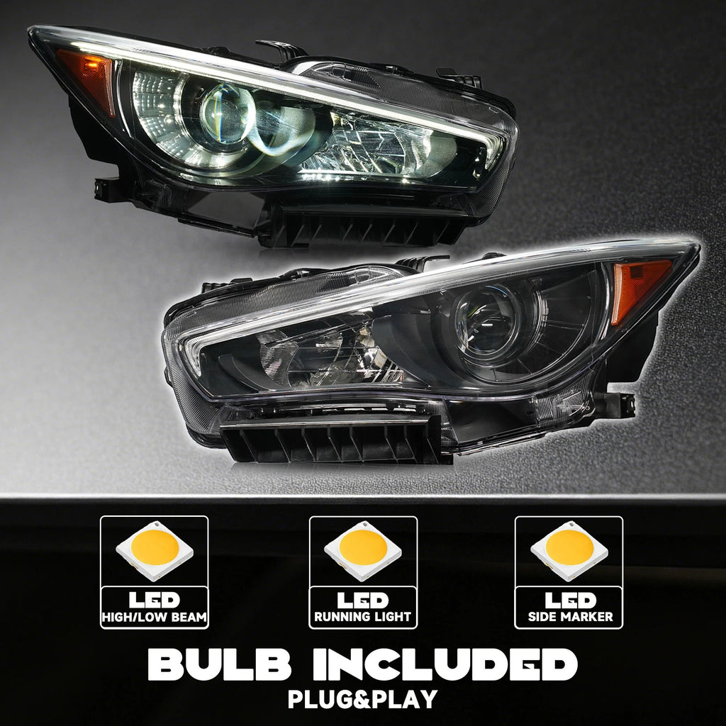 Set of 2 Chrome LED Headlights for Infiniti Q50 (2014–2022) w/o AFS