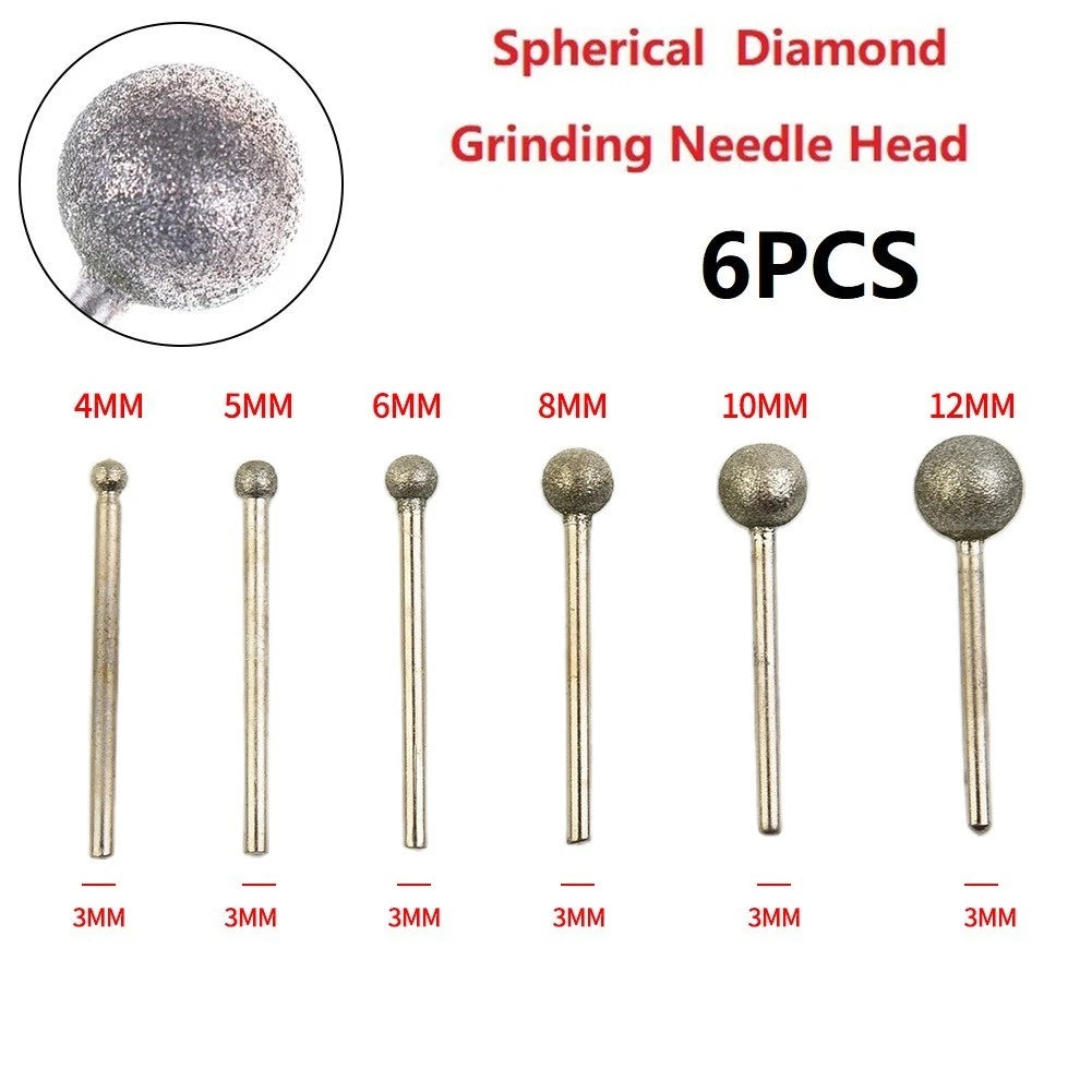Set of 6 Diamond Round Ball Burr Drill Bits 4-12mm for Carving