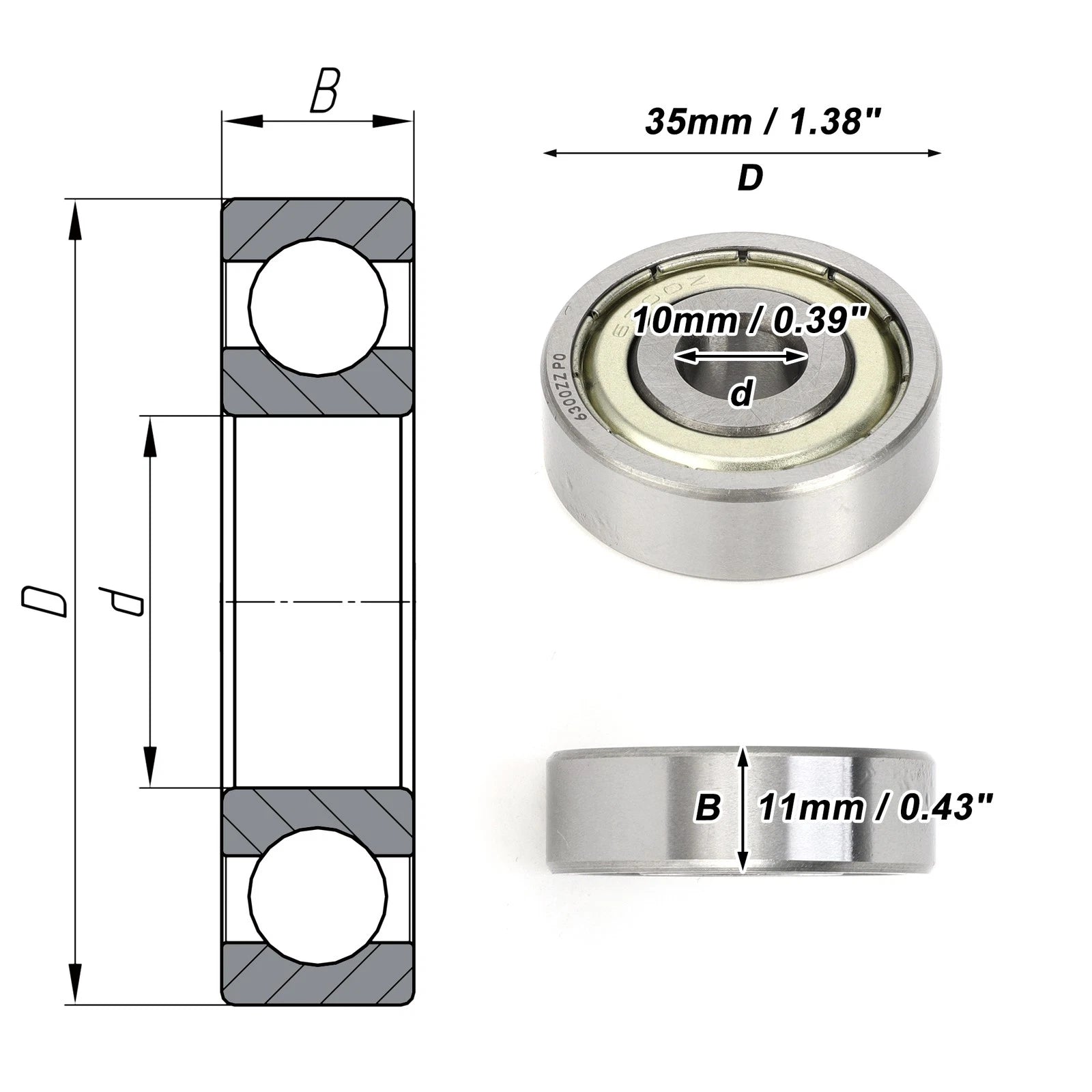 Deep Groove Ball Bearing 6300ZZ for Scooter Skateboard (10x35x11mm)