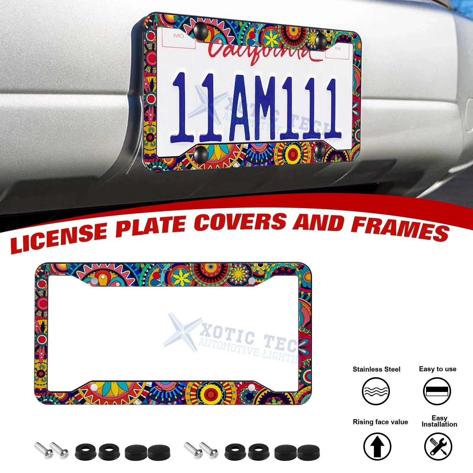 Tribal Print Universal License Plate Frame for Stainless Steel (Rust Proof)