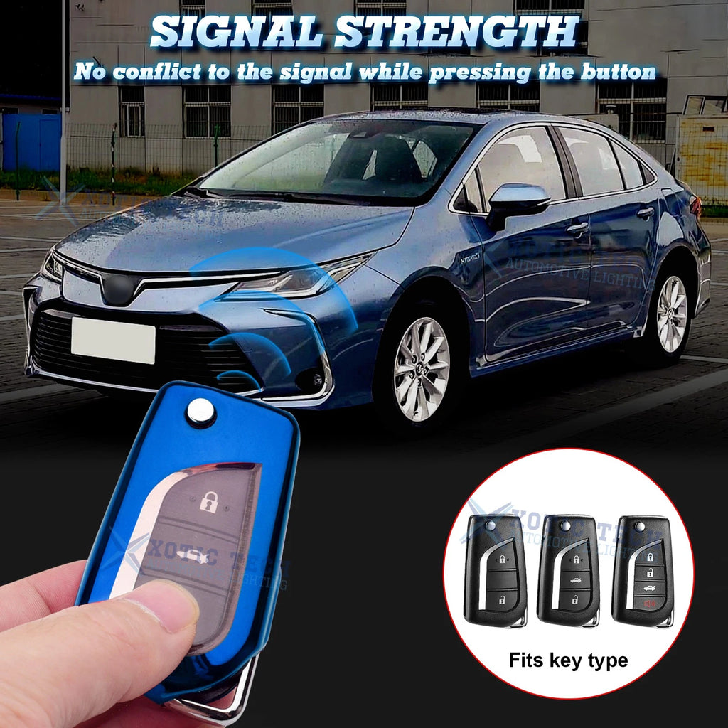Blue TPU Folding Key Fob Holder Case with Keychain for Toyota Corolla 2014-2018