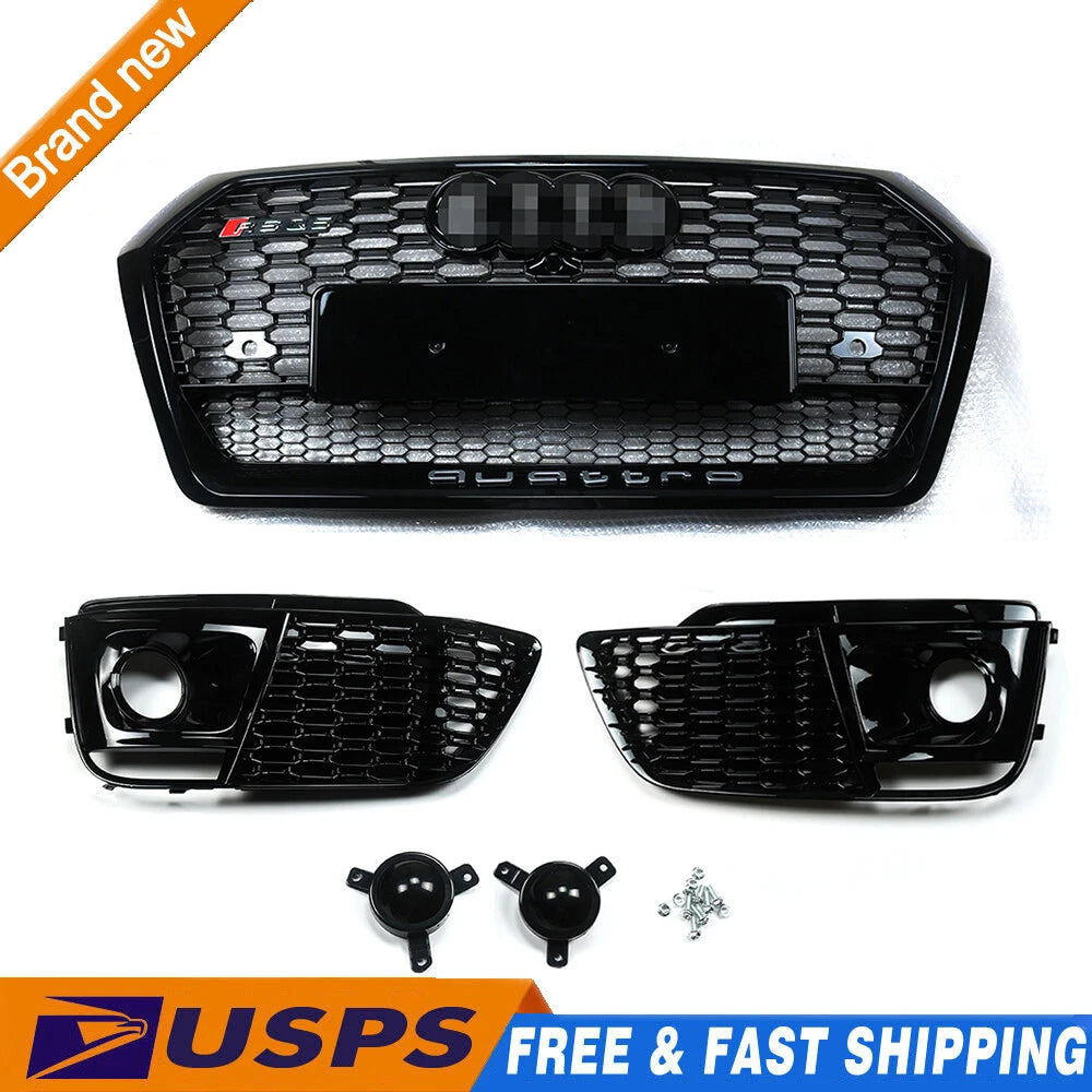 Front Honeycomb Mesh Grill + Fog Lamp Grilles for Audi Q5 SQ5 (2018–2019)