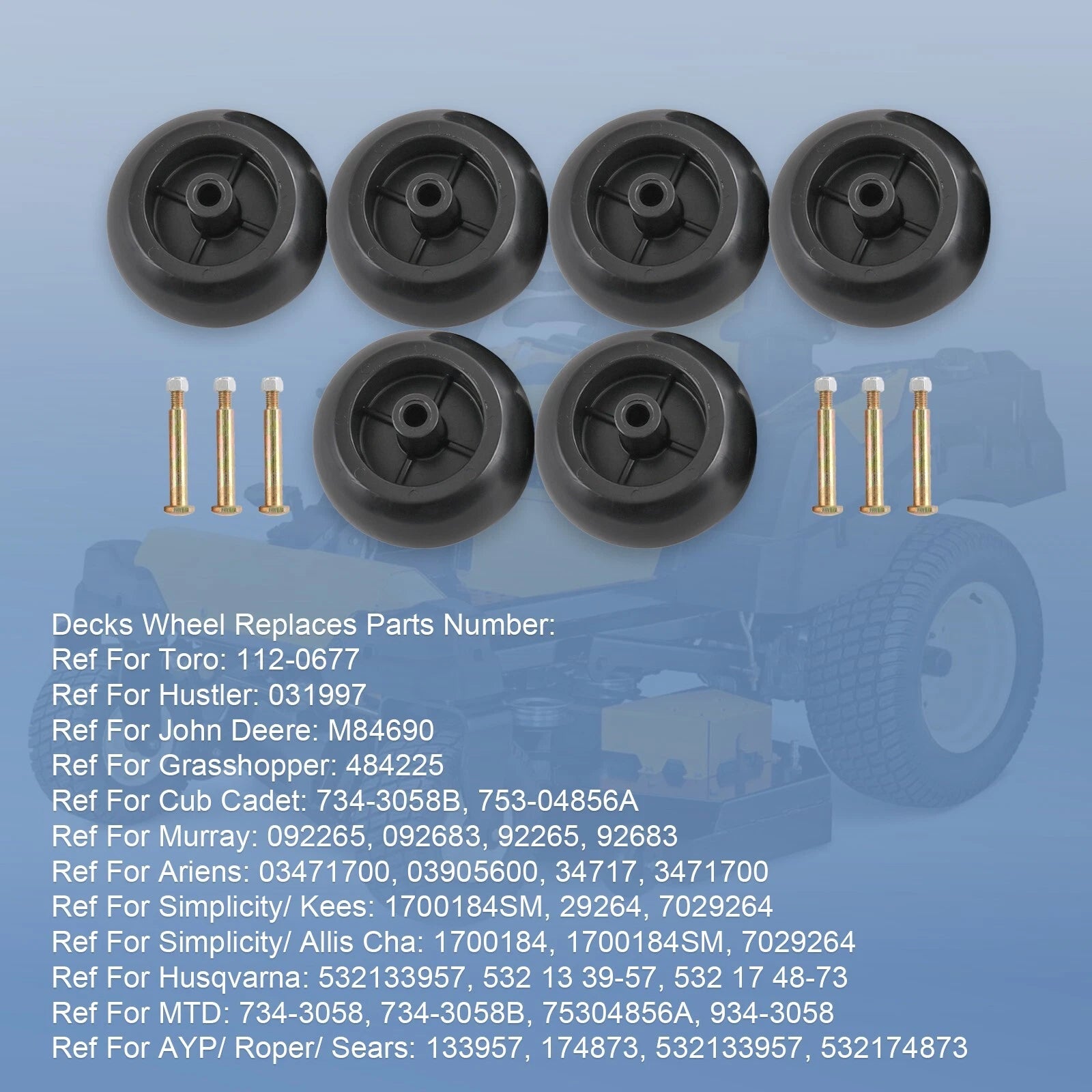 Set of 6 Heavy Duty Mower Deck Wheels for RZT50 RZT54 LT1050 SLT1554