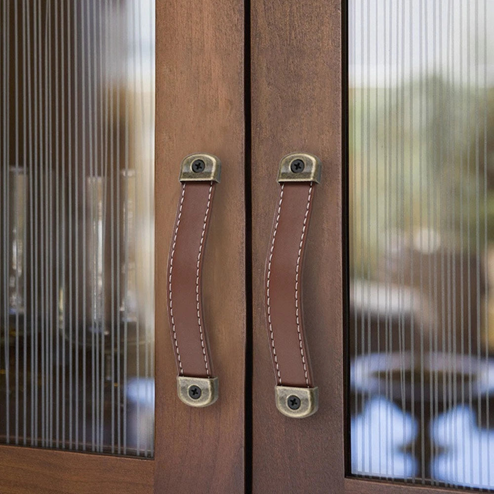 2X Red Brown Leather Door Pull Handles for Cabinet Dresser Drawer