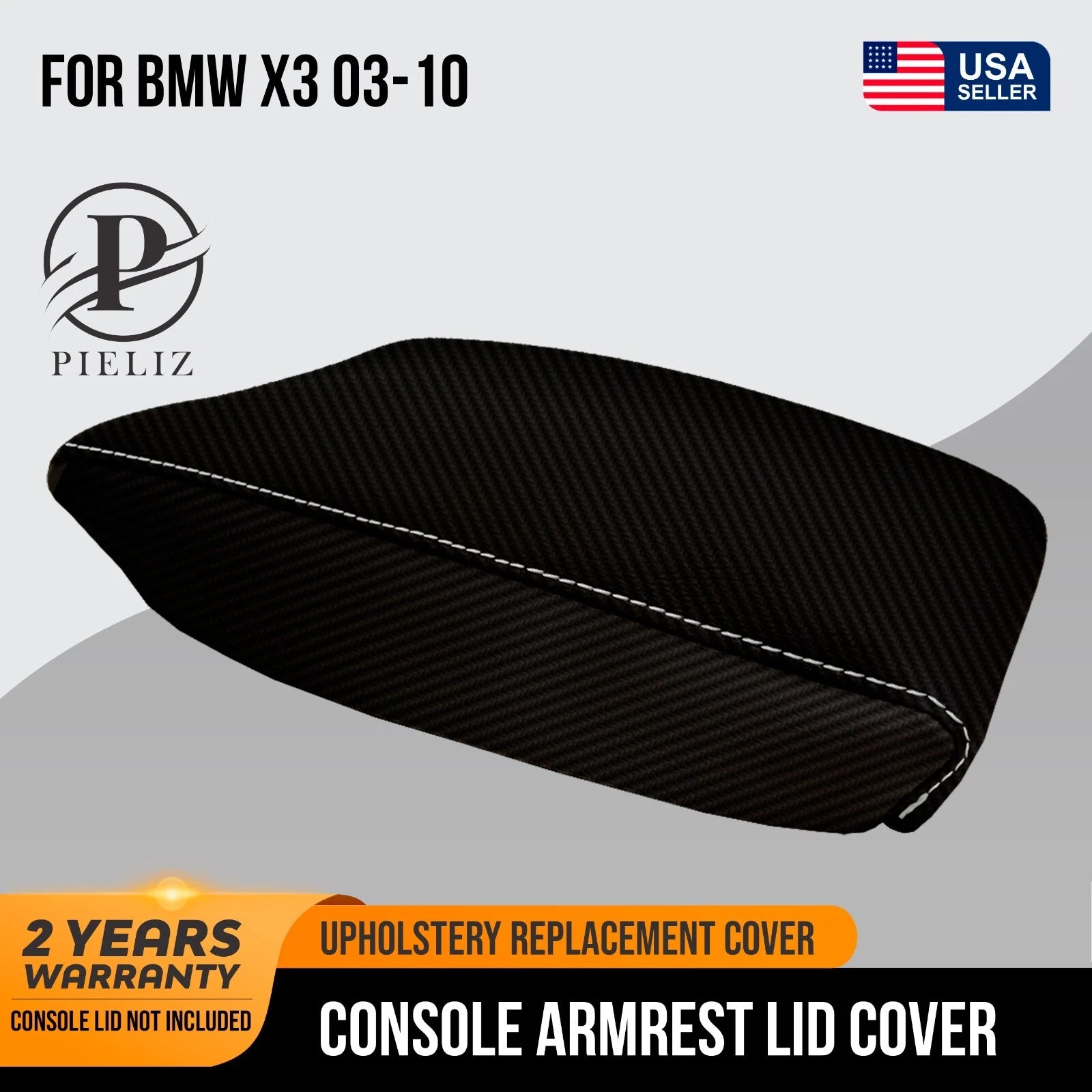 Console Lid Armrest Cover for BMW X3 (2003–2010) PVC Carbon White Stitch