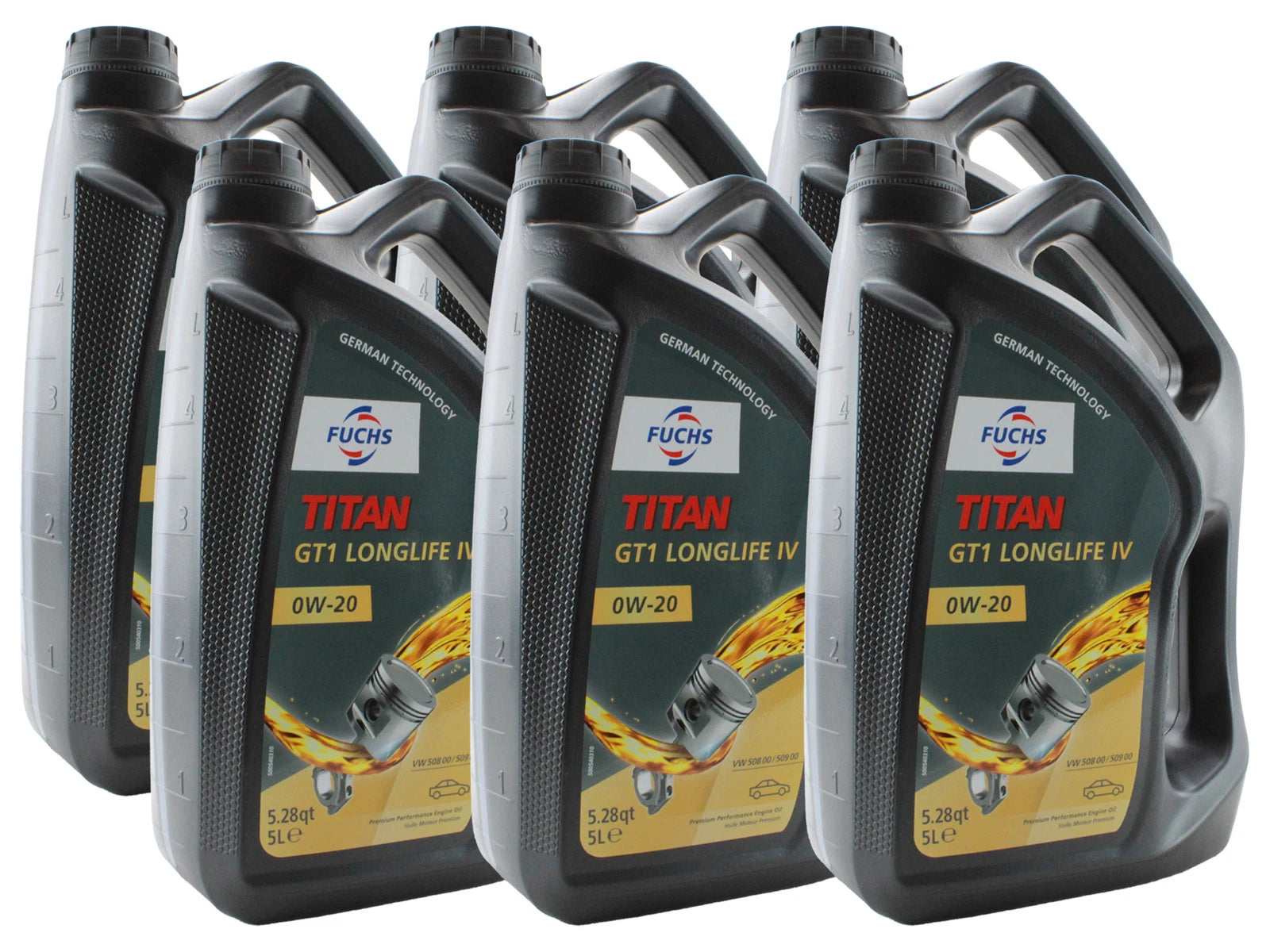 Set of 6 Fuchs Titan GT1 Longlife IV SAE 0W-20 Engine Oil for Audi VW