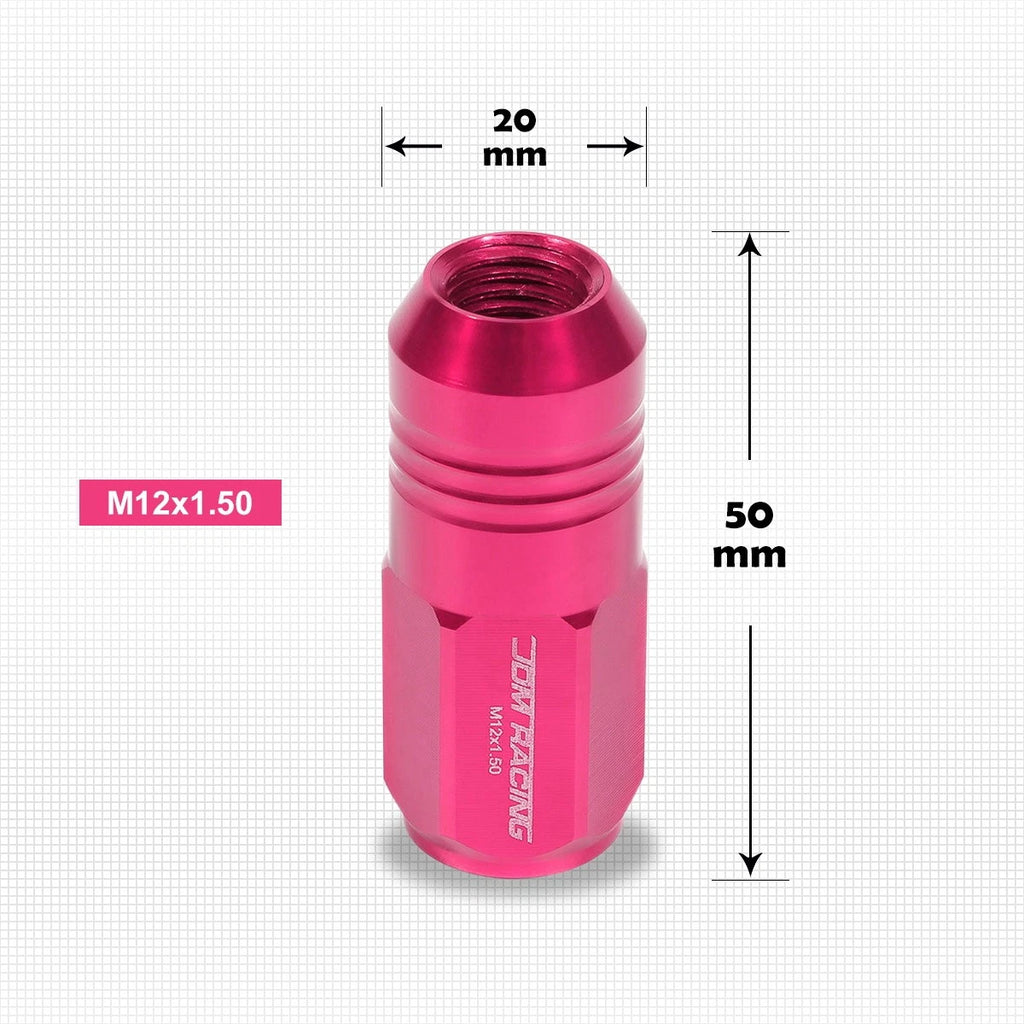 Set of 20 M12X1.5 Pink JDM Closed End Cone Hex Wheel Lug Nuts + Extension 20mm