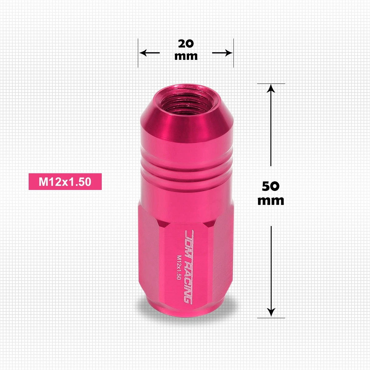 Set of 20 M12X1.5 Pink JDM Closed End Cone Hex Wheel Lug Nuts + Extension 20mm